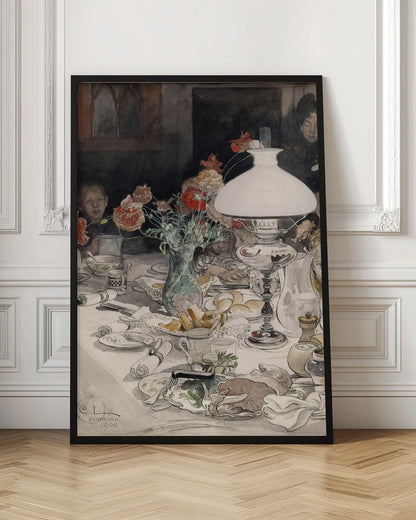 A vintage watercolor painting by C.L. Sundborn from 1900, depicting an intimate family dinner scene. A large, white oil lamp provides a warm glow over a cluttered dining table set with dishes, bread, and a vase of red poppies. Figures of children are partially visible around the table, their faces illuminated against a dark background. Print