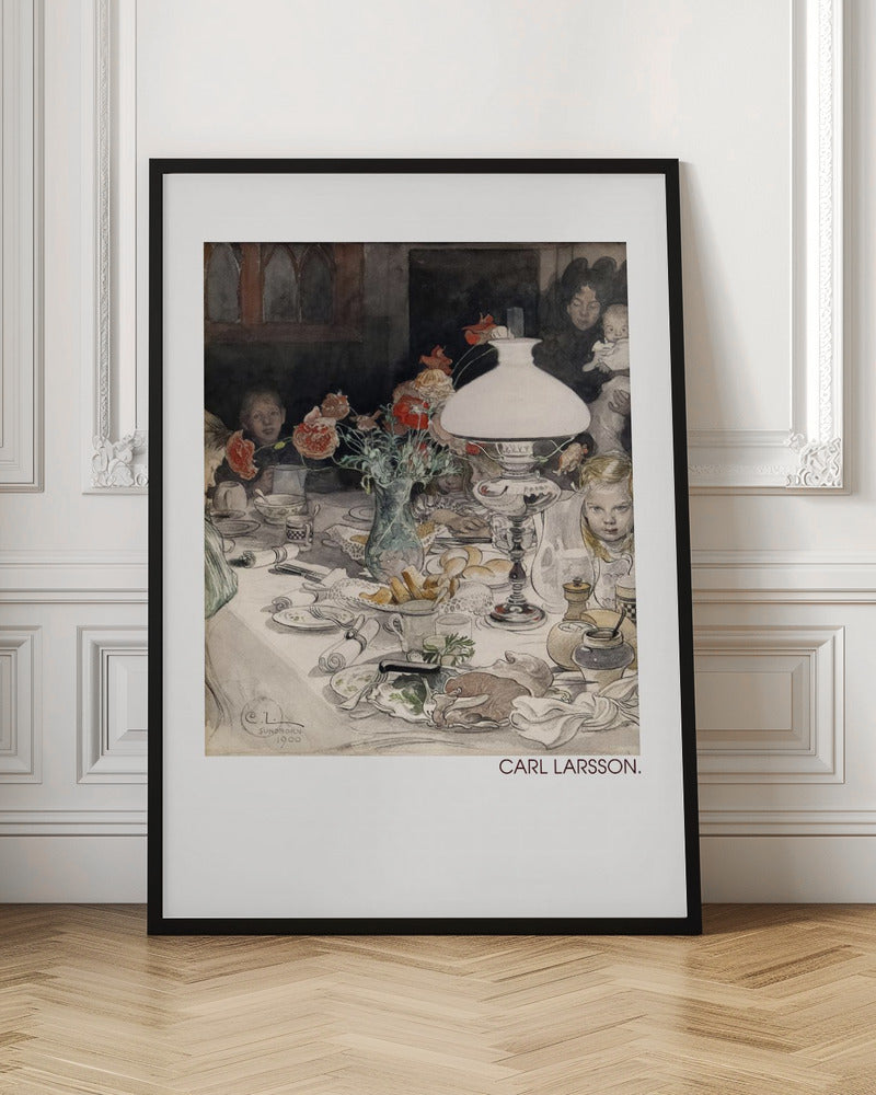 A classic watercolor painting by Carl Larsson from 1900, showing a family enjoying a festive meal around a dining table. A large white lamp illuminates the scene, highlighting the cluttered table with dishes, food, and a vase of red flowers. Several children and adults, including a woman holding a baby, are seated at the table in a warm, domestic setting. Decor