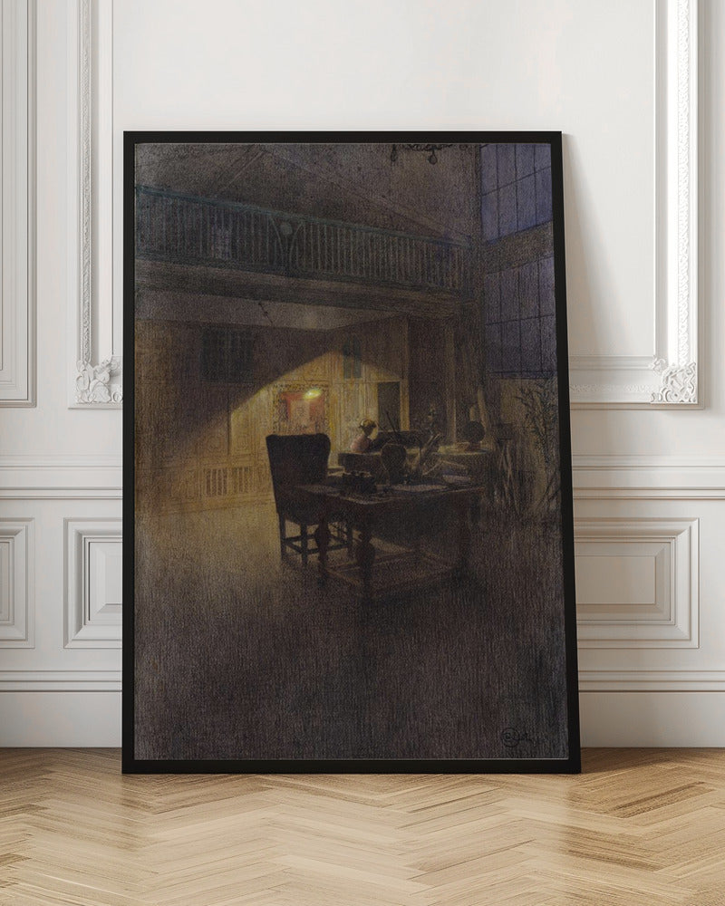 A moody, atmospheric drawing of a dimly lit artist's studio at night. A single warm light source illuminates a desk and a high-backed chair, casting a strong triangular beam of light against a paneled wall, while the rest of the spacious, two-story room remains in deep shadow. Decor