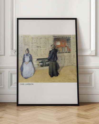 A vintage painting by Carl Larsson depicting a domestic interior. A woman in a blue dress and white apron sits against a large cream cabinet, while another woman in a dark dress stands with her back to the viewer, looking at an open shelf of books within the cabinet. Decor