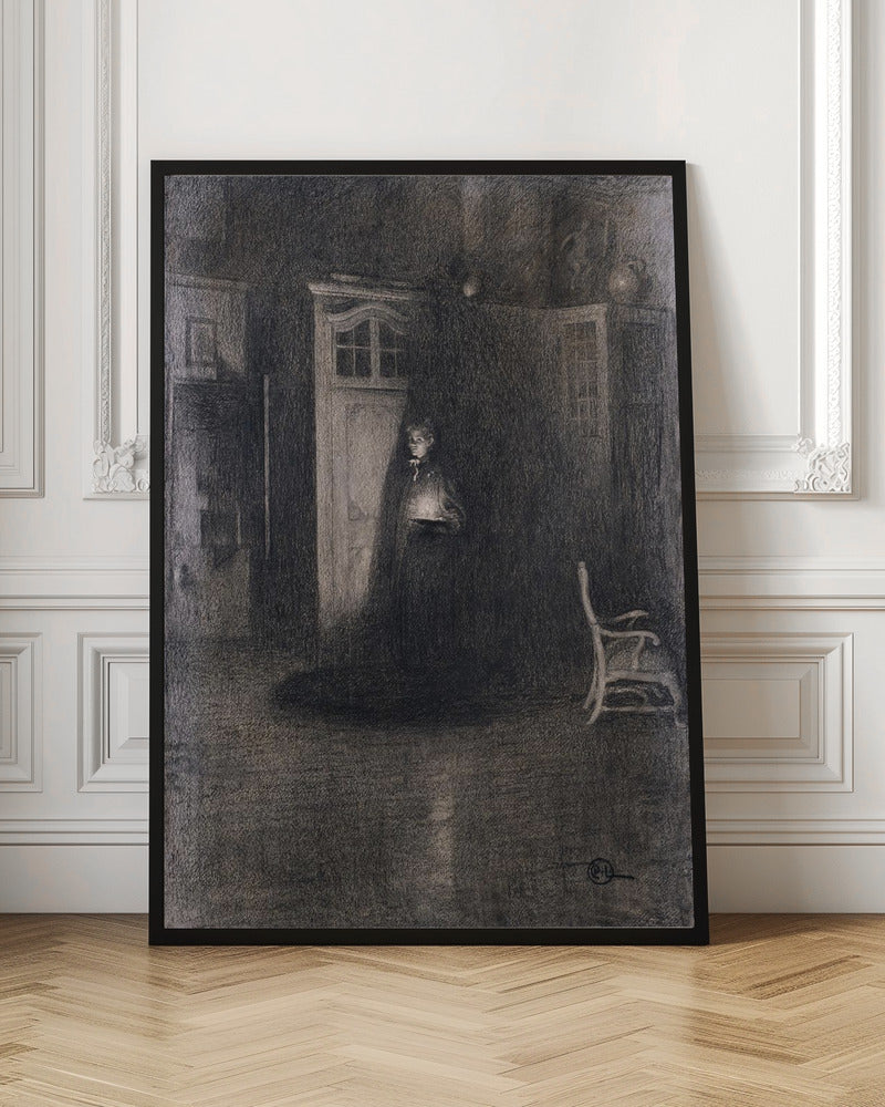 A dark, atmospheric charcoal drawing of a woman in a long, dark cloak standing in a dimly lit room. She holds a small, glowing light source that illuminates her face and the area around a white door behind her, creating deep shadows that fill the rest of the space. A lone white chair sits in the shadows to the right. Decor