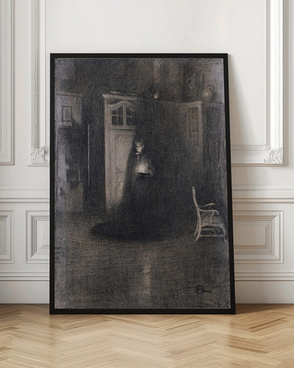 A dark, atmospheric charcoal drawing of a woman in a long, dark cloak standing in a dimly lit room. She holds a small, glowing light source that illuminates her face and the area around a white door behind her, creating deep shadows that fill the rest of the space. A lone white chair sits in the shadows to the right. Decor