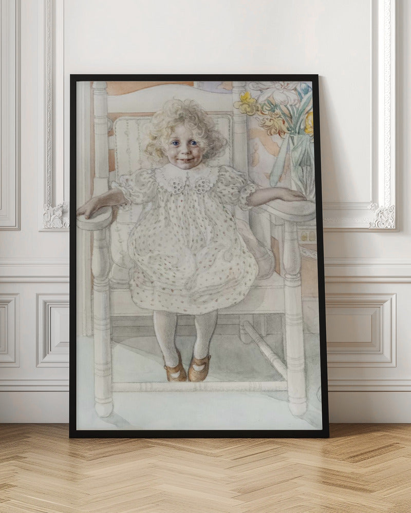 A delicate watercolor portrait of a smiling young girl with curly blonde hair and bright blue eyes, sitting upright in a white rocking chair. She wears a vintage white dotted dress, and a vase of yellow flowers is visible in the background. Artwork