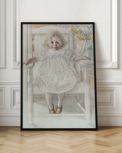 A delicate watercolor portrait of a smiling young girl with curly blonde hair and bright blue eyes, sitting upright in a white rocking chair. She wears a vintage white dotted dress, and a vase of yellow flowers is visible in the background. Artwork