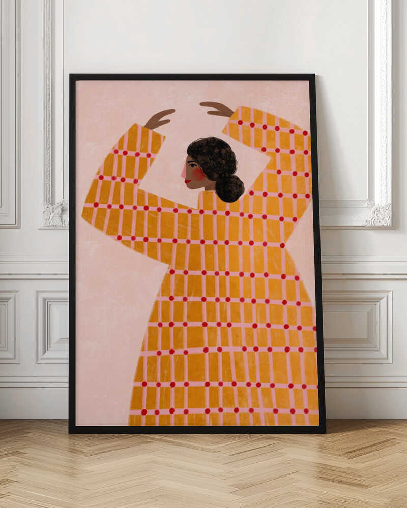 A stylized illustration of a woman in profile, wearing a vibrant yellow and pink plaid dress with red polka dots. Her arms are raised above her head in a graceful pose against a pale pink background. Artwork