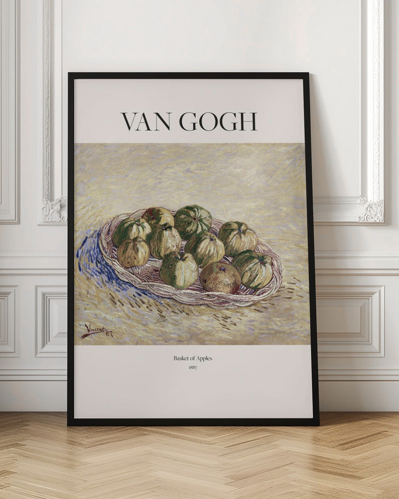 A framed art poster of Vincent van Gogh's 1887 painting, 'Basket of Apples'. The impressionist still life shows a woven basket filled with green and yellow apples on a textured, light yellow background. The poster includes the text 'VAN GOGH' at the top. Print