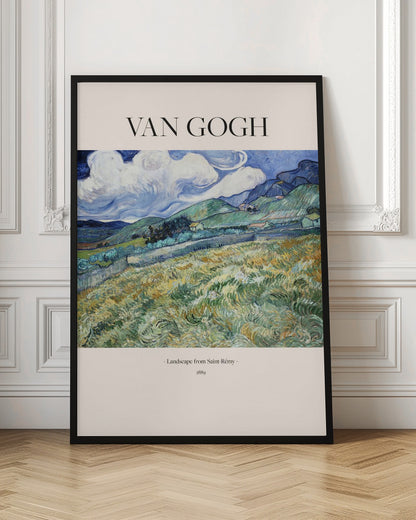 A framed art print of Vincent van Gogh's painting 'Landscape from Saint-Rémy'. The impressionist artwork depicts a vibrant, swirling landscape of green and yellow fields, rolling hills, and a dramatic blue sky with white clouds. The poster includes the artist's name at the top and the title and year at the bottom. Print