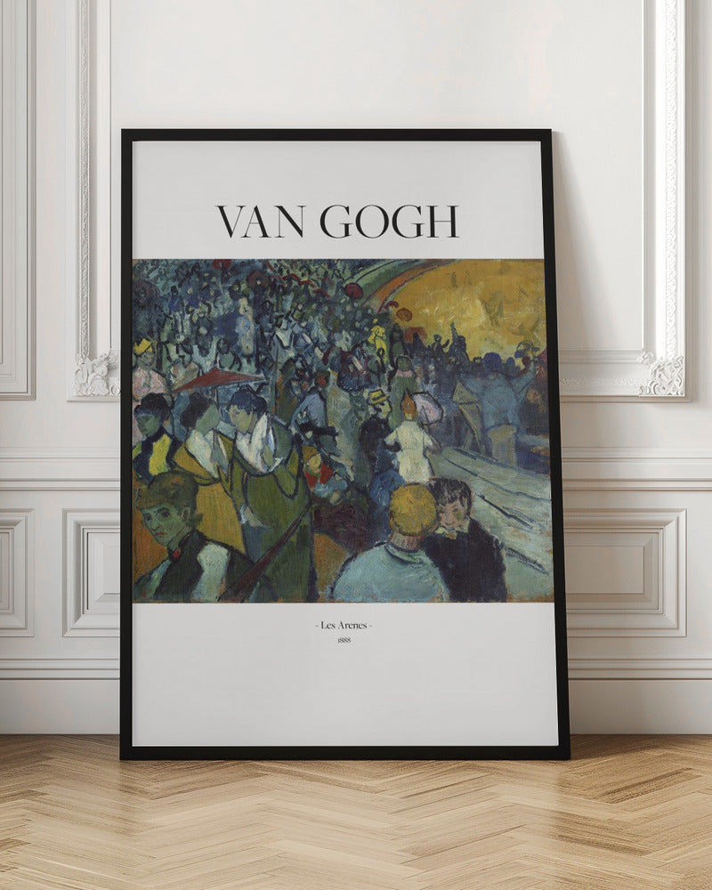 A poster of Vincent van Gogh's 1888 painting 'Les Arenes'. The post-impressionist artwork shows a large, bustling crowd in an arena, painted with expressive brushstrokes in shades of blue, green, and yellow. The poster has 'VAN GOGH' at the top and the title and year at the bottom, all set against a white border and within a black frame. Poster