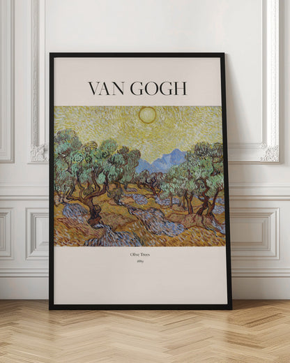 A poster of Vincent van Gogh's painting 'Olive Trees' from 1889. The image depicts a landscape with gnarled olive trees under a bright yellow, swirling sun, with mountains in the background. The poster has a cream border with 'VAN GOGH' at the top and the title and year at the bottom, all within a black frame. Print