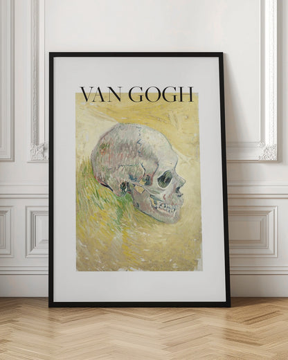 A framed poster featuring Vincent van Gogh's painting of a human skull. The skull is depicted in profile against a painterly yellow and green background. The artist's name 'VAN GOGH' is printed in large black letters above the artwork. Wall Art