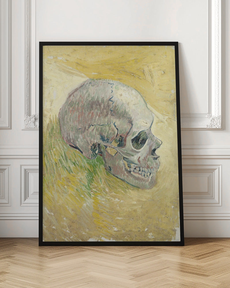 A post-impressionist painting by Vincent van Gogh, 'Skull,' featuring a human skull in profile against a textured, impasto background of swirling yellow and ochre hues. The skull is rendered with shades of white, grey, and hints of green. Print