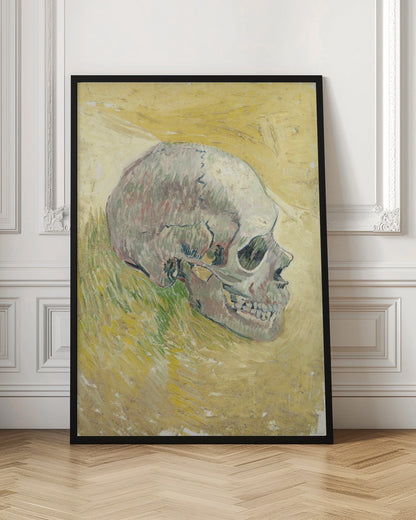 A post-impressionist painting by Vincent van Gogh, 'Skull,' featuring a human skull in profile against a textured, impasto background of swirling yellow and ochre hues. The skull is rendered with shades of white, grey, and hints of green. Print