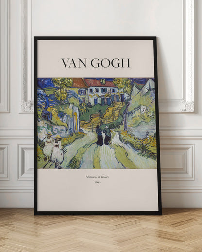 A framed art print of Vincent van Gogh's painting 'Stairway at Auvers', 1890. The post-impressionist artwork shows a vibrant landscape with figures walking on a path toward houses on a hill, rendered in expressive green, yellow, and blue brushstrokes. Decor