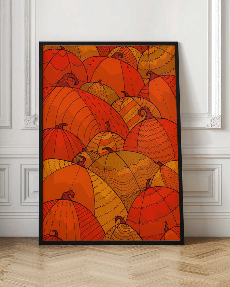A stylized illustration of a dense patch of overlapping pumpkins. The pumpkins are various shades of orange, red, and yellow, and are decorated with intricate black line patterns, including zig-zags, stripes, and dots, creating a festive, autumnal pattern. Wall Art