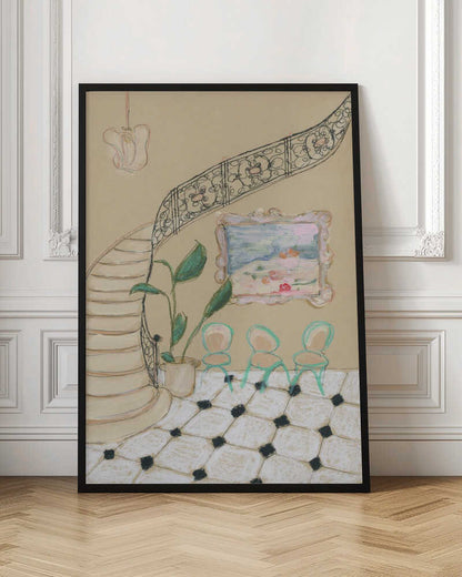 A framed illustration of an elegant interior scene. A curved staircase with an ornate black iron railing dominates the left side. Beside the stairs, a potted plant with large green leaves sits next to a wall with a small, framed painting. Below the painting are three small, mint-green chairs on a black and white checkered tile floor. Wall Art
