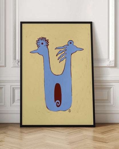 A whimsical, folk-art illustration of a two-headed blue creature against a textured pale yellow background. The creature has a U-shaped body with a dark red oval in the center. The two heads face opposite directions, each with a unique crest. The artwork is enclosed in a thin black frame. Poster