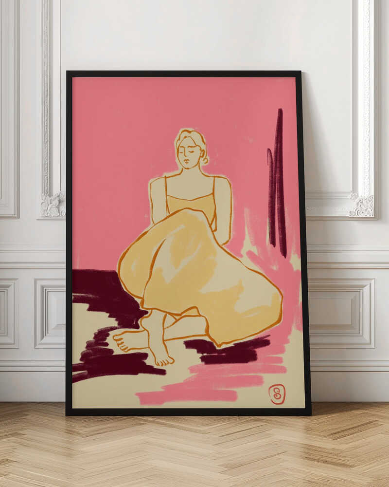 A minimalist illustration of a woman sitting on the floor with her eyes closed. She is wearing a yellow dress, and the background is a bright pink with patches of dark red and cream on the floor, rendered in a painterly style. Artwork