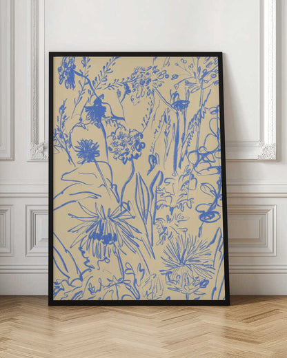 An expressive blue line drawing of various wildflowers and foliage on a beige background, enclosed in a simple black frame. The style is loose and sketchy, creating a dense and vibrant botanical composition. Decor