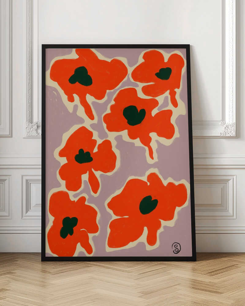 A framed art print depicting a pattern of large, stylized red-orange poppies with dark green centers against a pale lavender background. Each flower is outlined in a thick, cream-colored border, giving the piece a bold, modern, and graphic quality. Wall Art