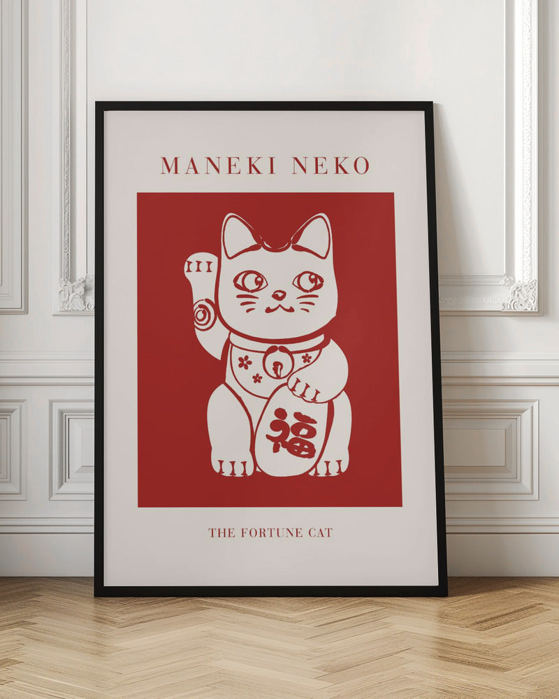 A minimalist graphic poster featuring a Japanese Maneki Neko, or fortune cat. The cat is cream-colored with red outlines, set inside a bold red square. The poster has a cream border with the text 'MANEKI NEKO' at the top and 'THE FORTUNE CAT' at the bottom, all enclosed in a thin black frame. Wall Art