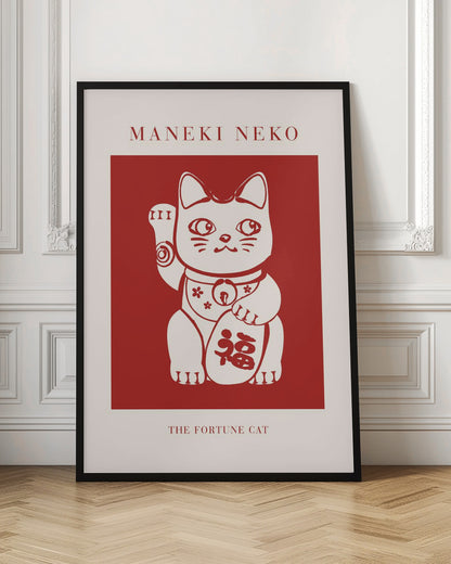 A minimalist graphic poster featuring a Japanese Maneki Neko, or fortune cat. The cat is cream-colored with red outlines, set inside a bold red square. The poster has a cream border with the text 'MANEKI NEKO' at the top and 'THE FORTUNE CAT' at the bottom, all enclosed in a thin black frame. Wall Art