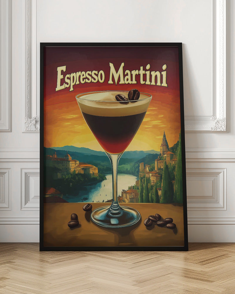 A vintage-style poster advertising an 'Espresso Martini'. In the foreground, a martini glass filled with the dark cocktail is garnished with coffee beans. The background features a scenic European landscape with a river and village against a vibrant orange and red sunset sky. Poster