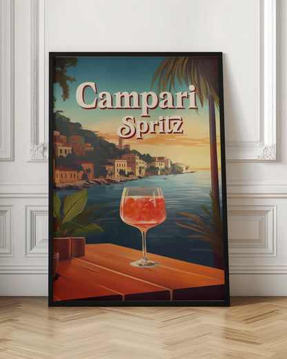 A vintage-style travel poster advertising a Campari Spritz. In the foreground, a wine glass filled with the bright red cocktail sits on a wooden table overlooking a scenic Italian coastal town at sunset. The words 'Campari Spritz' are written in large, stylized font at the top. Poster