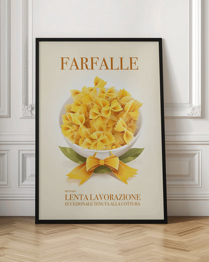 A vintage-style Italian food poster for farfalle pasta. The artwork features a full white bowl of yellow bow-tie pasta on a cream background, with green leaves and a yellow ribbon tied in a bow at its base. The word 'FARFALLE' is printed at the top in orange. Wall Art