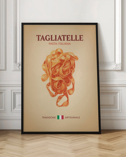 A vintage-style poster advertising Italian pasta, featuring a detailed illustration of a nest of orange tagliatelle against a light beige background. The poster includes the text 'TAGLIATELLE PASTA ITALIANA' at the top and 'TRADIZIONE ARTIGIANALE' with an Italian flag at the bottom. Wall Art