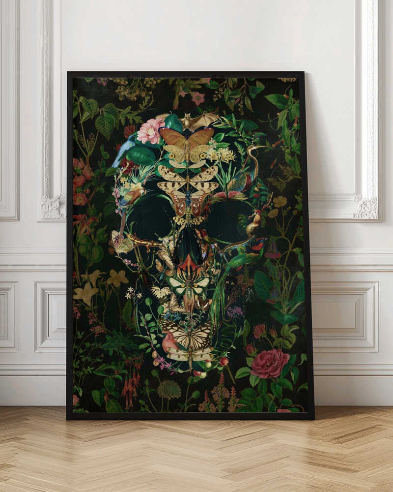An intricate artwork of a human skull formed entirely from a collage of colorful flora and fauna, including butterflies, birds, insects, and flowers, set against a dark, dense botanical background. Wall Art