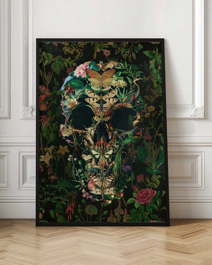 An intricate artwork of a human skull formed entirely from a collage of colorful flora and fauna, including butterflies, birds, insects, and flowers, set against a dark, dense botanical background. Wall Art