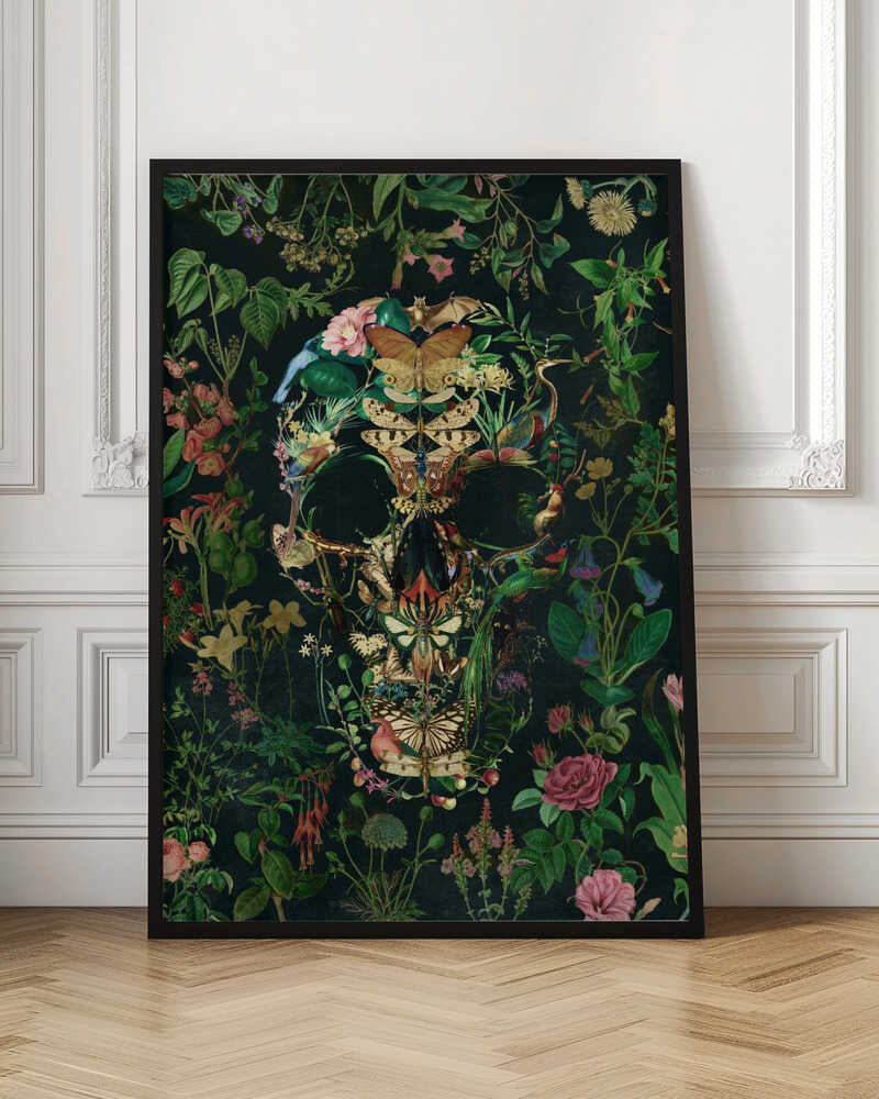 An intricate collage of various flowers, insects, birds, and other animals arranged to form the shape of a human skull. The background is a dark, lush tapestry of green leaves and colorful blossoms, creating a moody and detailed botanical illustration. Wall Art