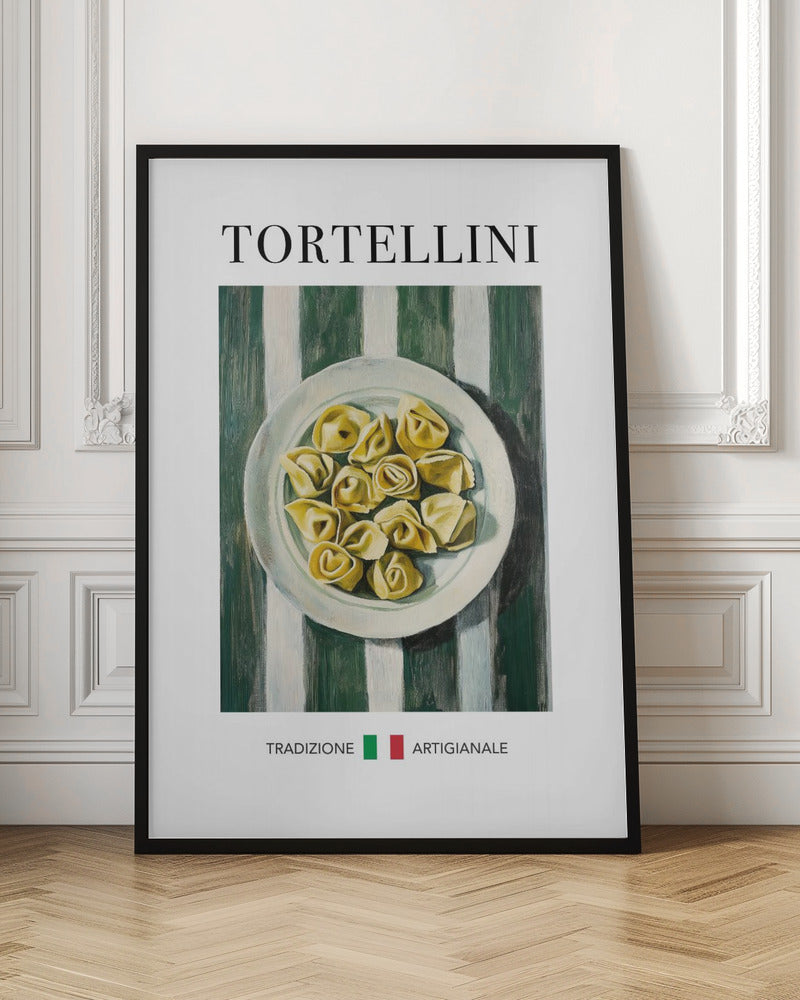 A framed vintage-style poster featuring a painted illustration of a plate of tortellini on a green and white striped background. The word 'TORTELLINI' is at the top, and 'TRADIZIONE ARTIGIANALE' with the Italian flag is at the bottom. Artwork
