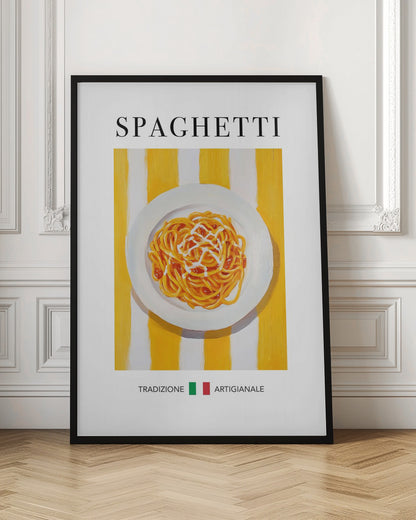 A vintage-style food poster in a black frame featuring a painting of a plate of spaghetti with sauce. The plate is set against a background of bold yellow and white vertical stripes. The word 'SPAGHETTI' is written in a black serif font at the top. At the bottom, the Italian words 'TRADIZIONE' and 'ARTIGIANALE' are separated by a small Italian flag. Artwork
