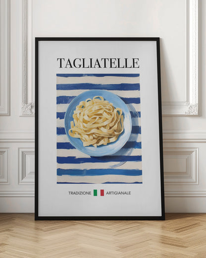 A vintage-style art print of a blue plate filled with tagliatelle pasta, set against a blue and white striped background. The word 'TAGLIATELLE' is printed at the top, and 'TRADIZIONE ARTIGIANALE' with an Italian flag is at the bottom. Artwork
