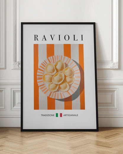 A modern food poster with the word 'RAVIOLI' at the top. A plate of fresh ravioli sits on a surface with bold orange and white vertical stripes. At the bottom, the Italian words 'TRADIZIONE' and 'ARTIGIANALE' are separated by a small Italian flag. Artwork