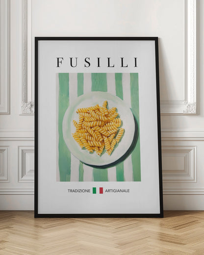 A vintage-style art print of a plate of fusilli pasta on a green and white striped background. The word 'FUSILLI' is printed at the top in black serif font. At the bottom, the words 'TRADIZIONE' and 'ARTIGIANALE' are separated by a small Italian flag icon. The poster is shown in a black frame. Wall Art