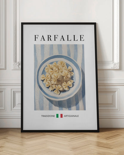 A vintage-style art print featuring a painted blue and white bowl of uncooked farfalle pasta. The bowl sits on a blue and white striped tablecloth. The word 'FARFALLE' is written in a large serif font at the top, and the Italian words 'TRADIZIONE ARTIGIANALE' are at the bottom, separated by green and red squares resembling the Italian flag. The artwork is enclosed in a thin black frame. Poster