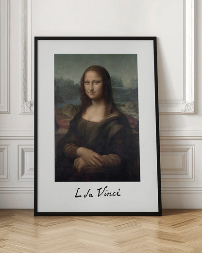 A framed art print of the Mona Lisa, styled like a polaroid picture with 'L da Vinci' handwritten underneath. The classic painting is set against a white mat within a simple black frame. Poster