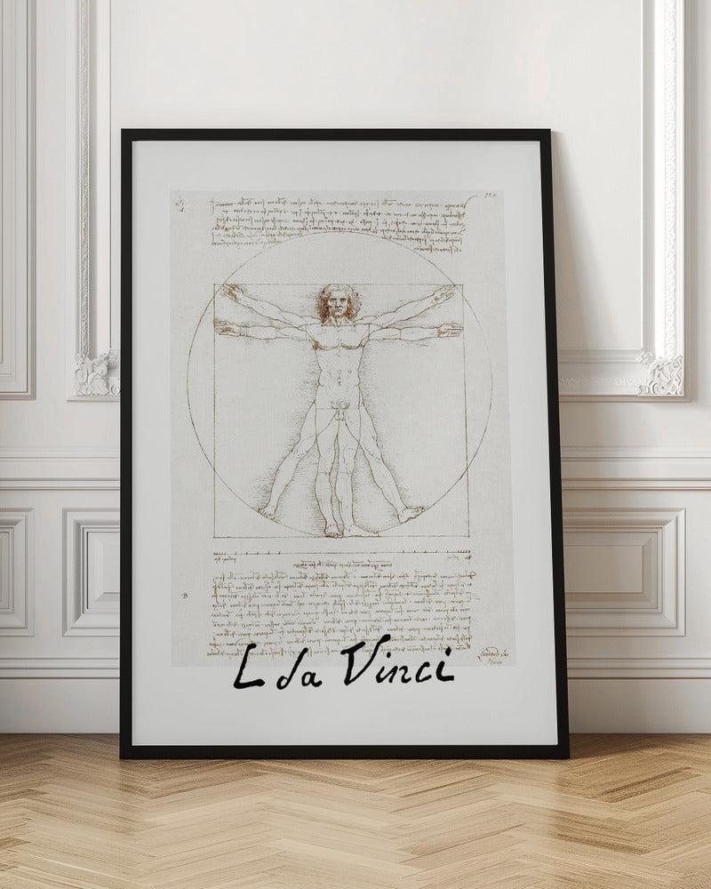 A framed print of Leonardo da Vinci's 'Vitruvian Man.' The famous sepia-toned sketch on aged paper shows a nude male figure in two poses, circumscribed by a circle and a square, with handwritten notes above and below. The artist's name is written at the bottom. Decor