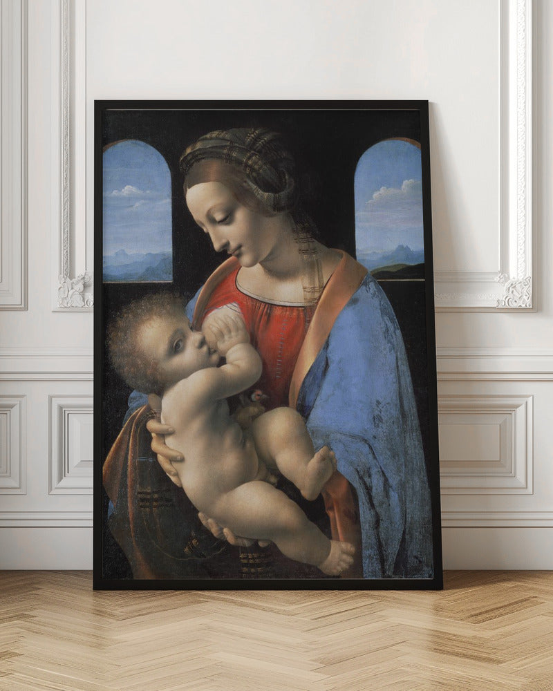 A Renaissance painting of the Madonna and Child, known as 'Madonna Litta' by Leonardo da Vinci. The Virgin Mary, dressed in a red gown and blue mantle, gazes down lovingly at the infant Jesus whom she holds in her arms. The scene is set in a dark room with two arched windows that open to a serene, mountainous landscape. Artwork