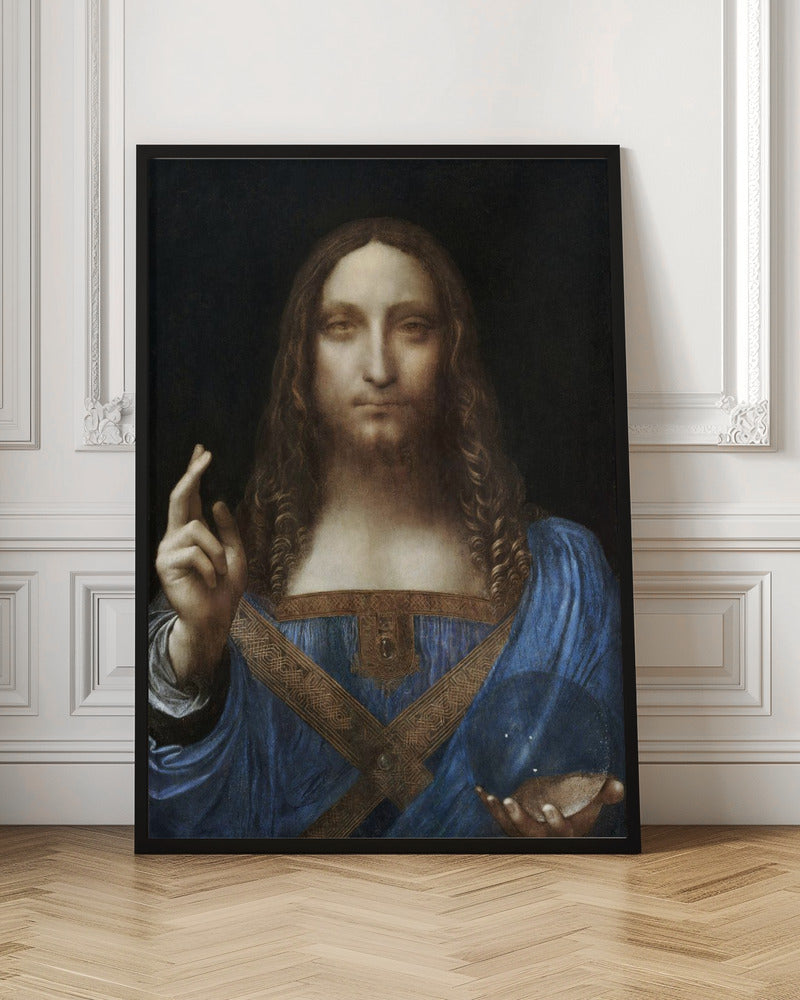 A framed portrait painting of Jesus Christ, known as Salvator Mundi, attributed to Leonardo da Vinci. He is depicted against a dark background, wearing a blue robe, with his right hand raised in blessing and his left holding a crystal orb. Wall Art