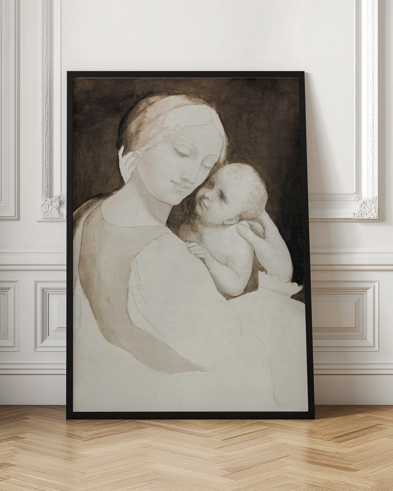 A sepia-toned ink wash painting of a mother and child in a classic Renaissance style. The mother, with a serene expression, holds the baby tenderly, looking down at them as the baby looks up at her against a dark background. Wall Art