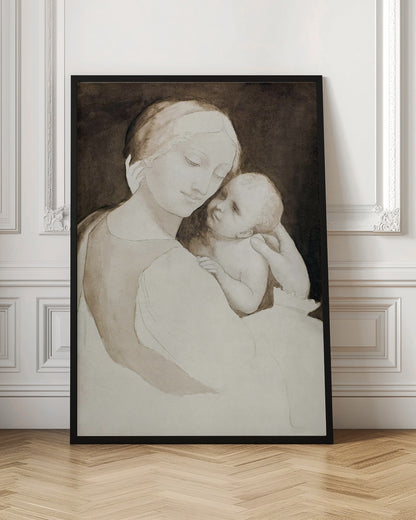 A sepia-toned ink wash painting of a mother and child in a classic Renaissance style. The mother, with a serene expression, holds the baby tenderly, looking down at them as the baby looks up at her against a dark background. Wall Art