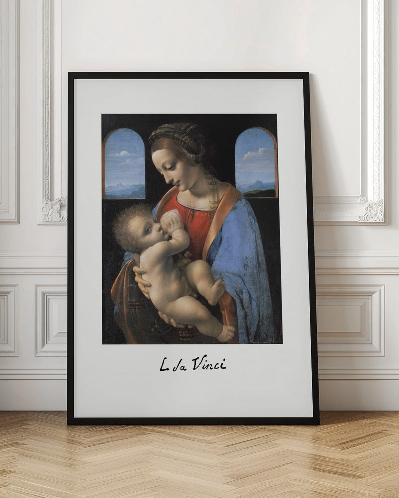 A framed art print of Leonardo da Vinci's painting 'Madonna Litta,' featuring the Virgin Mary in a red dress and blue cloak breastfeeding the infant Jesus. They are framed by two arched windows showing a distant landscape, all set within a black frame with white matting. Wall Art