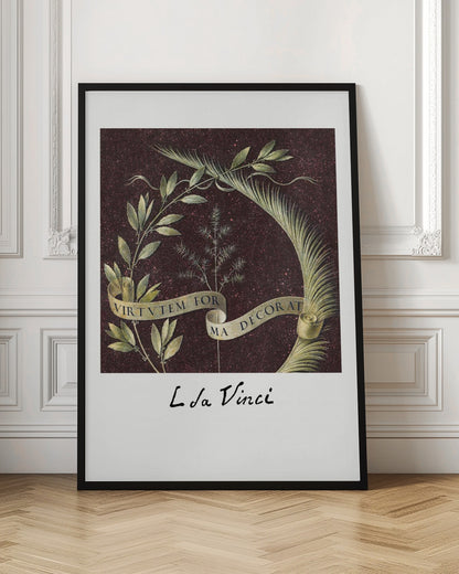 A classic art print by Leonardo da Vinci featuring a laurel branch and a palm frond against a dark, speckled maroon background. A beige ribbon weaves through the foliage with the Latin motto 'VIRTUTEM FORMA DECORAT'. The artist's signature 'L da Vinci' is written underneath on a white border. The artwork is presented in a black frame. Print