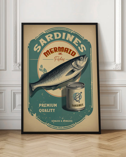 A vintage-style advertisement poster for Mermaid Inc. sardines, featuring a large illustrated sardine on a teal and beige label. The poster includes a can of sardines and text that reads 'Premium Quality' and 'Skinless & Boneless' in a distressed, retro design. Wall Art