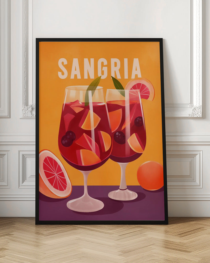 A vintage-style illustrated poster featuring two glasses of red sangria against a vibrant orange background. The glasses are filled with fruit slices, berries, and ice, and the word 'SANGRIA' is printed in large white letters at the top. Poster