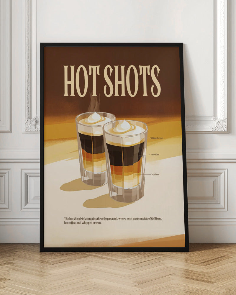 A vintage-style poster for a drink called 'Hot Shots'. The poster illustrates two layered drinks in shot glasses with labels for each layer: Galliano, hot coffee, and whipped cream. The design has a retro aesthetic with a warm brown and cream color palette. Wall Art