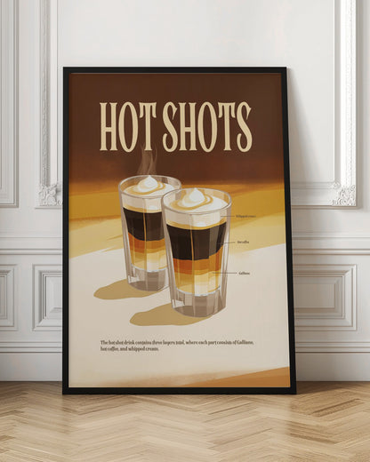 A vintage-style poster for a drink called 'Hot Shots'. The poster illustrates two layered drinks in shot glasses with labels for each layer: Galliano, hot coffee, and whipped cream. The design has a retro aesthetic with a warm brown and cream color palette. Wall Art